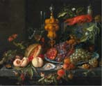 still life of fruits nuts oysters a lobster insects and a snail on a ledge with various vessels